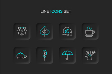 Set line Bare tree, Umbrella, Leaf, Hedgehog, Coffee cup, and Chestnut icon. Vector