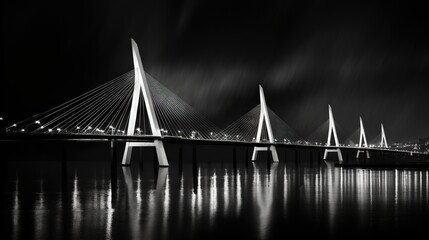  a black and white photo of a bridge over water at night.  generative ai