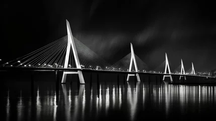 Crédence de cuisine en verre imprimé Rotterdam  a black and white photo of a bridge over water at night.  generative ai