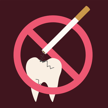 No smoking concept. Flat vector illustration with tooth and Cigarette ash. Stop smoking for Healthy teeth, Anti tabacco campaigne. Drawn design art for Poster, Banner, Educational Placard.
