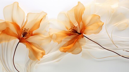  two yellow flowers with long stems on a white background with a blurry effect.  generative ai