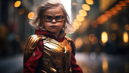 Photo of a young girl dressed as a superhero, ready to save the day