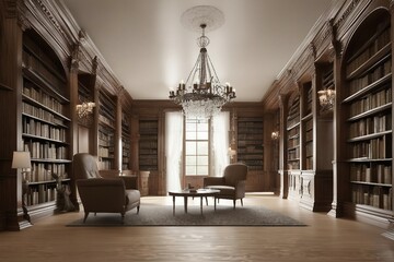 A Luxury and peaceful library, books on shelf and a very nice comfortable sofa with table in center.