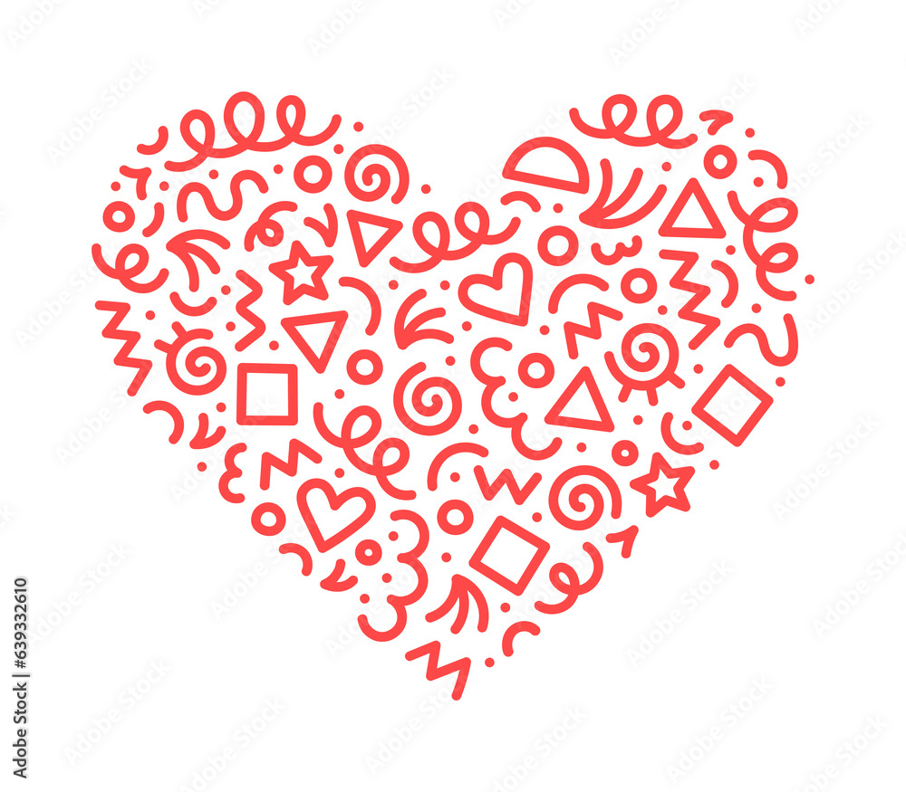 Poster fun red abstract line doodle heart shape. creative minimalist style art symbol set for children or p