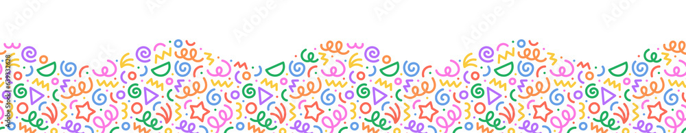 Poster Fun colorful line doodle wave seamless pattern. Creative style art background for children or trendy design with basic shapes. Simple party confetti texture, childish scribble shape backdrop.	