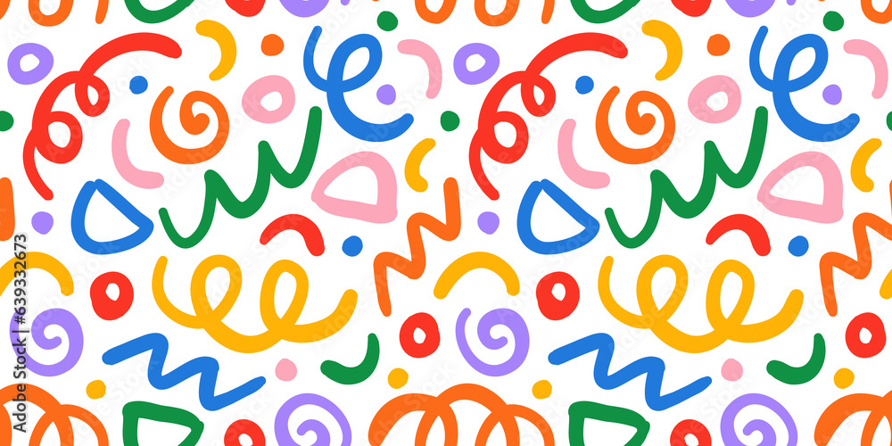 Poster Fun colorful line doodle seamless pattern. Creative minimalist style art background for children or trendy design with basic shapes. Simple childish scribble backdrop.	