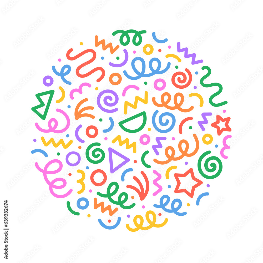 Poster Fun colorful abstract line doodle circle shape. Creative minimalist style art round symbol for children or party celebration with modern shapes. Simple upbeat circular drawing scribble decoration.