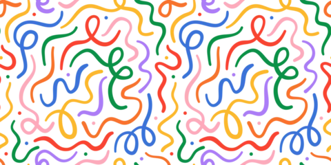 Gardinen Farbenfroh Fun colorful line doodle seamless pattern. Creative minimalist style art background for children or trendy design with basic shapes. Simple childish scribble backdrop.  © Dedraw Studio