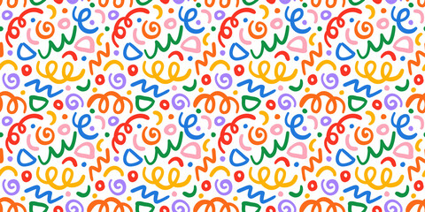 Fun colorful line doodle seamless pattern. Creative minimalist style art background for children or trendy design with basic shapes. Simple childish scribble backdrop.	