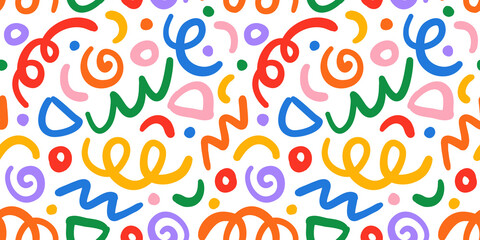 Fun colorful line doodle seamless pattern. Creative minimalist style art background for children or trendy design with basic shapes. Simple childish scribble backdrop.	