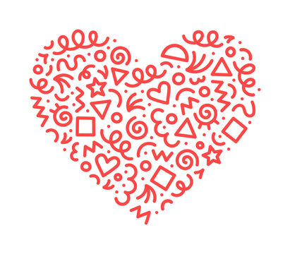 Fun red abstract line doodle heart shape. Creative minimalist style art symbol set for children or party celebration with modern shapes. Simple upbeat drawing scribble decoration.
