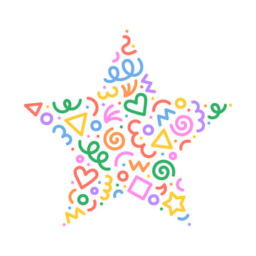 Fun colorful abstract line doodle star shape. Creative minimalist style art symbol set for children or party celebration with modern shapes. Simple upbeat drawing scribble decoration.