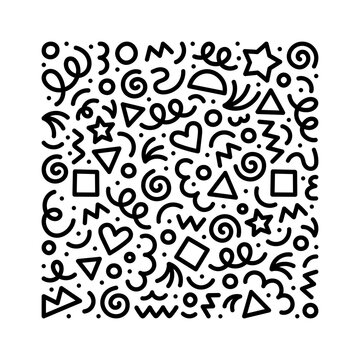 Fun black and white abstract line doodle square shape. Creative minimalist style art symbol set for children or party celebration with modern shapes. Simple upbeat drawing scribble decoration.