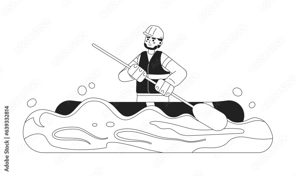 Poster lifeguard on inflatable boat monochrome concept vector spot illustration. man rowing saving people d