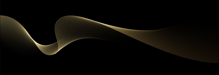 Abstract vector wavy lines flowing smooth curve gold gradient color on black background in concept of luxury, technology, science, music, modern. - 639332845
