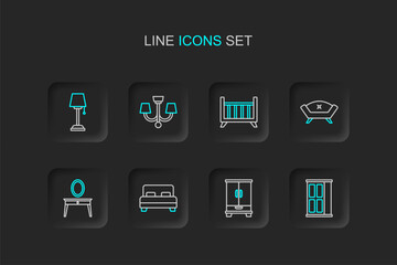 Set line Wardrobe, Big bed, Dressing table, Sofa, Baby crib cradle, Chandelier and Floor lamp icon. Vector