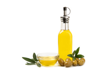 Bottle of fresh olive oil and olives with leaves isolated on white background. Fragrant cooking oil. Delicious olive oil in a glass bottle. Cooking. Salad dressing.