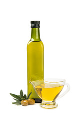 Bottle of fresh olive oil and olives with leaves isolated on white background. Fragrant cooking oil. Delicious olive oil in a glass bottle. Cooking. Salad dressing.