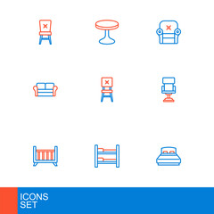 Set line Big bed, Bunk, Baby crib cradle, Office chair, Sofa, Chair, Armchair and Round table icon. Vector