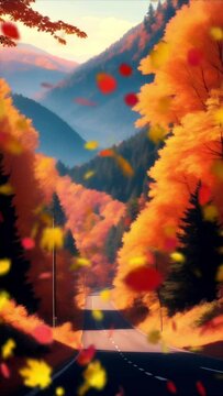 road in autumn forest with mountains, seamless looping video