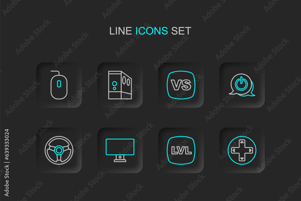 Poster set line game controller or joystick, level game, computer monitor, racing simulator, power button, 