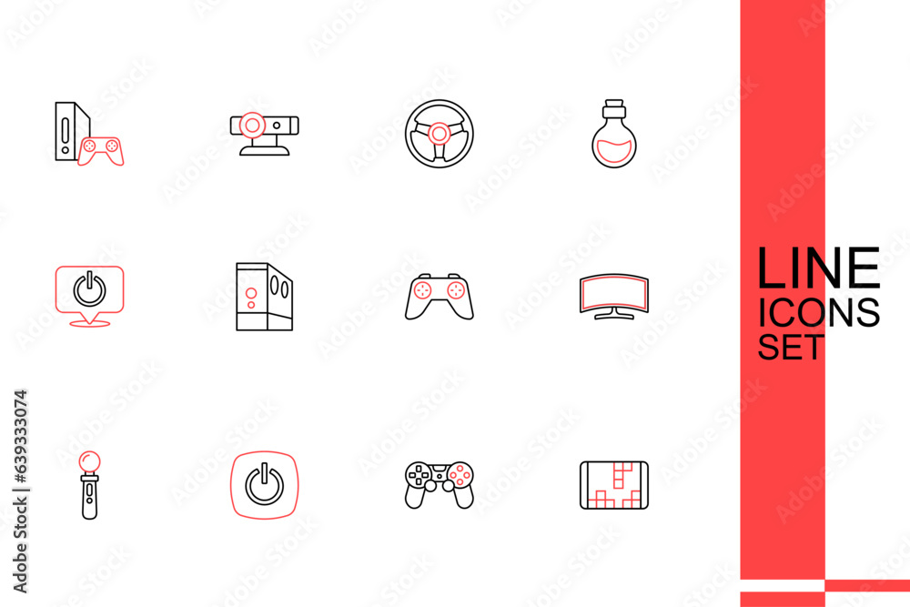 Poster set line portable video game console, game controller joystick, power button, vr, computer monitor, 