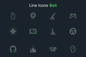 Set line Virtual reality glasses, Web camera, Joystick for arcade machine, Headphones, Racing simulator, Gear shifter, Portable video game console and Target sport icon. Vector