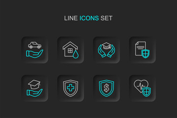 Set line Life insurance with shield, Shield dollar, Education grant, Contract, House flood and Car icon. Vector