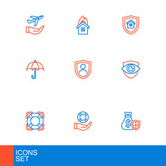 Set line Money bag with shield, Lifebuoy in hand, Shield eye, Umbrella, insurance, House and Fire burning house icon. Vector