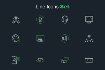 Set line Video chat conference, 360 degree view, Meeting, Speaker volume, and icon. Vector