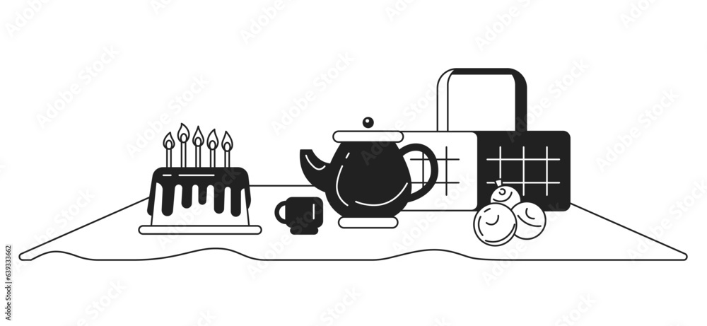 Poster picnic set monochrome concept vector spot illustration. birthday cake. blanket and basket 2d flat bw