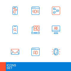 Set line Diamond, Advertising, Mail and e-mail, Magnifying glass mobile, Share and Page with 404 error icon. Vector