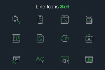 Set line Board with graph chart, Personal information collection, Human and money, Advertising, Briefcase, Mobile dollar, and Financial book icon. Vector