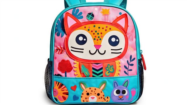  a colorful backpack with a cat design on it's back.  generative ai