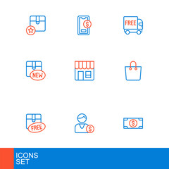 Set line Stacks paper money cash, Buyer, Cardboard box with free symbol, Paper shopping bag, New collection, Market store, Free delivery service and Mobile dollar icon. Vector