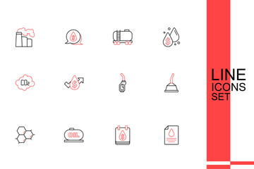 Set line Contract money and pen, Oil drop with dollar symbol, tank storage, Molecule oil, Canister for motor machine, Gasoline pump nozzle, price increase and CO2 emissions cloud icon. Vector