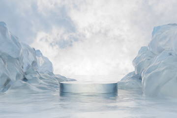 3d render winter platform and natural podium background, Round ice podium on the frozen lake with ice canyon for product display, advertising, mockup, showcase or etc