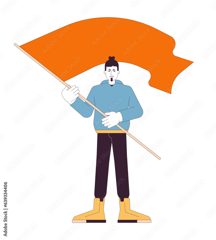 Aufkleber angry protester waving flag flat line color vector character. public demonstration. editable outline