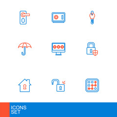 Set line Graphic password protection, Open padlock, House under, Shield security with, Umbrella, Monitor, Key and Safe icon. Vector