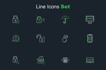 Set line Laptop with password, Security keypad access panel, House under protection, Lock, Mobile fingerprint scanner, Bomb, Open padlock and icon. Vector