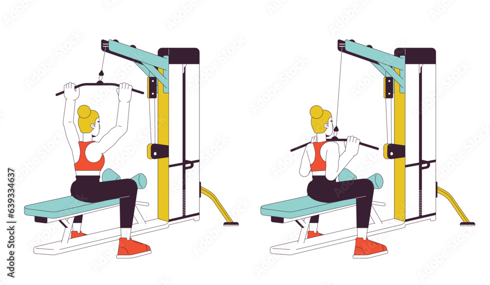 Aufkleber working out on lat pulldown machine flat line vector spot illustration. female 2d cartoon outline ch