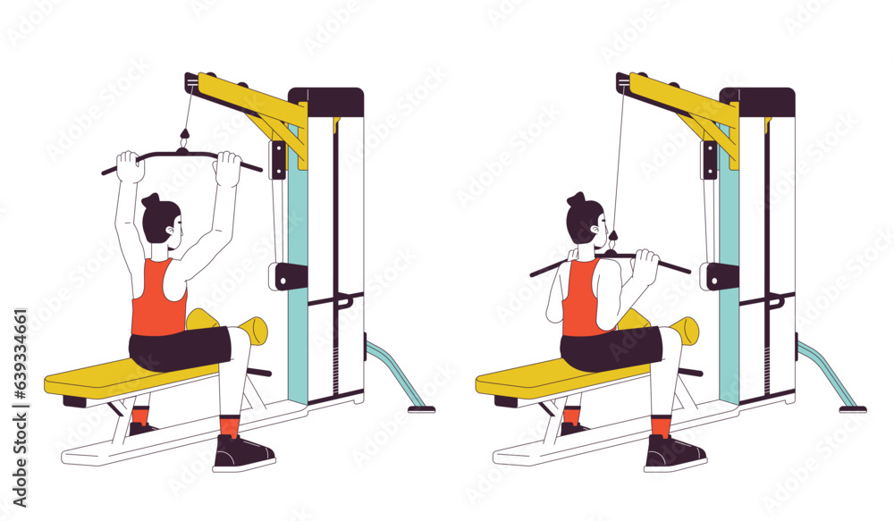 Poster muscle building with lat pulldown machine flat line vector spot illustration. sportsman 2d cartoon o