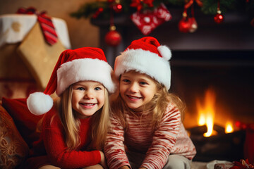 Fototapeta na wymiar Yule Joy: Siblings Adorned in Santa Hats by the Fire