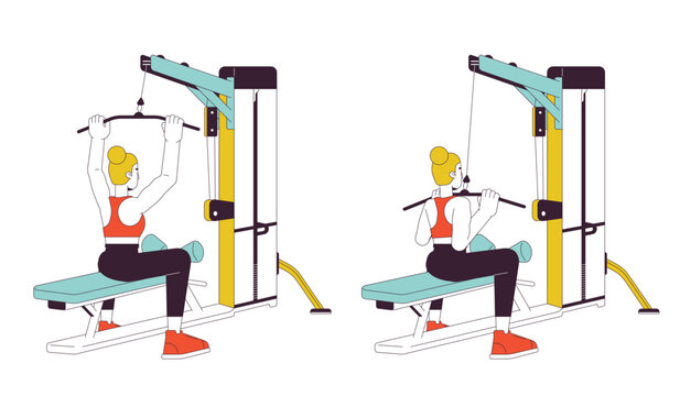 Working out on lat pulldown machine flat line vector spot illustration. Female 2D cartoon outline character on white for web UI design. Upper-body strength workout editable isolated color hero image