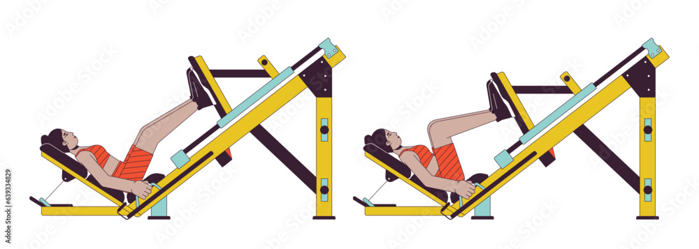 Poster working out on machine squat press flat line vector spot illustration. female 2d cartoon outline cha