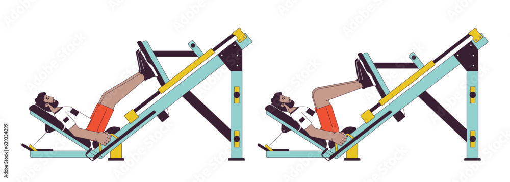 Poster muscle building with leg press machine flat line vector spot illustration. athletic male 2d cartoon 