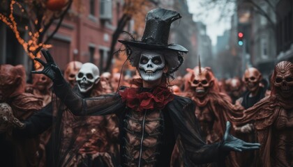 Photo of people in spooky skeleton costumes posing for a Halloween party