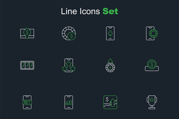 Set line Casino poker trophy cup, Financial growth increase, Online sports betting, Coin money with dollar, chips, and Slot machine jackpot icon. Vector