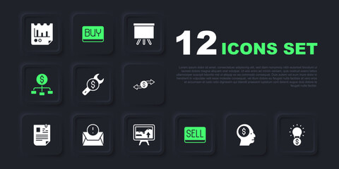 Set Business man planning mind, Light bulb with dollar, Repair price, Sell button, Hierarchy, Envelope, Buy and Monitor graph chart icon. Vector