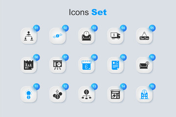 Set Online shopping on screen, Board with graph, Money exchange, Light bulb dollar, Bank building, Mail and e-mail, Employee hierarchy and Calendar icon. Vector